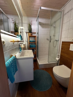 Shower, free toiletries, hair dryer, towels - Apartment 'Fewo 1 - Seehaus Hoyer' with Balcony and Wi-Fi (Gunzenhausen)