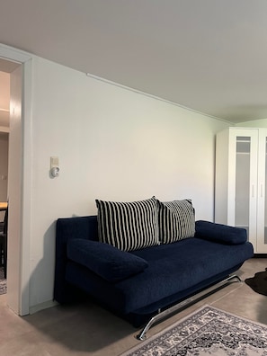 Una habitación con un sofá azul oscuro, un tapete estampado y un armario blanco.