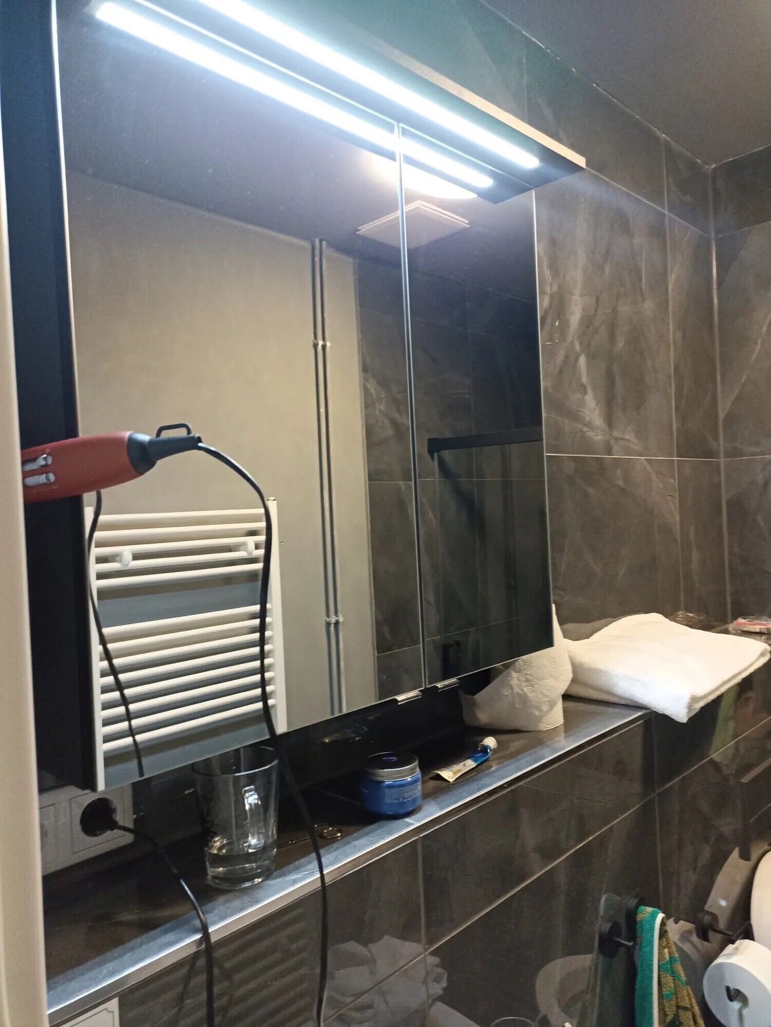 Ein Badezimmer mit Spiegel, Handtuchhalter, Heizung und Toilettenpapierhalter.