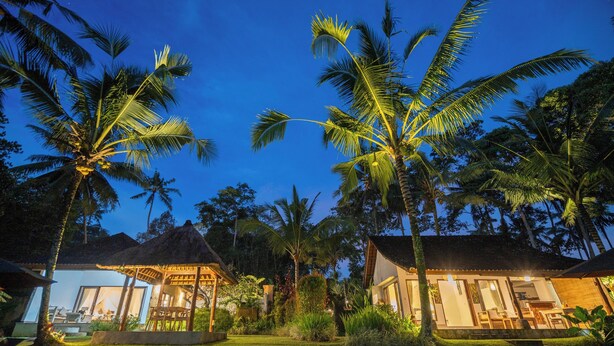 A resort with a swimming pool, palm trees, and a thatched-roof gazebo. - Green Sari Private Villa (Ubud)