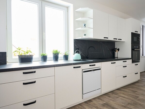 Fridge, microwave, oven, dishwasher