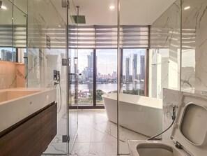 Shower, hair dryer, towels, soap