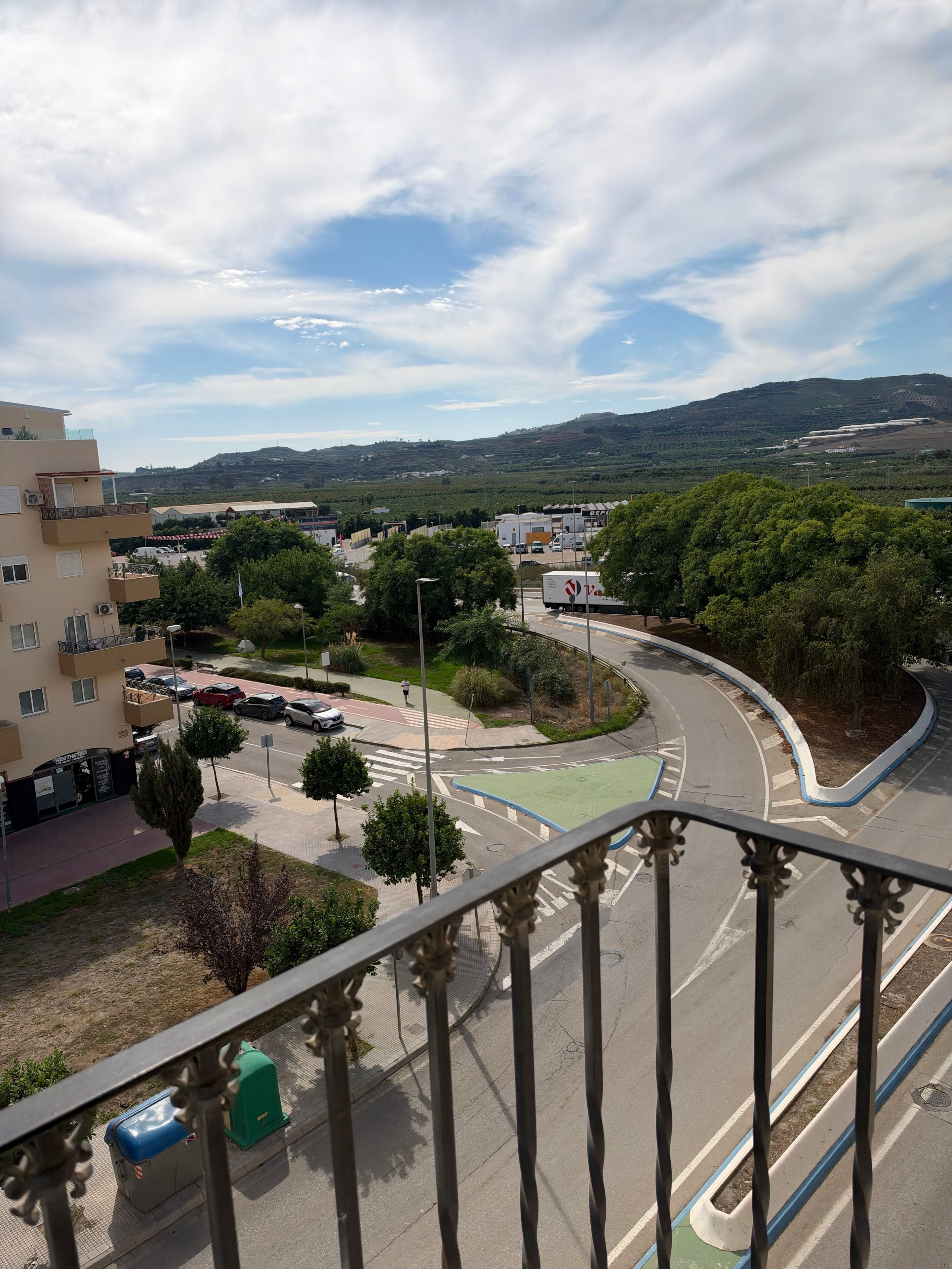 Vista de una carretera con una rotonda, edificios y vegetación.