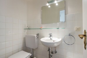 Chuveiro, secador de cabelo, toalhas de banho, sabonete