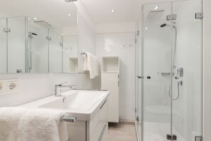 Douche, séchoir à cheveux, serviettes fournies, savon