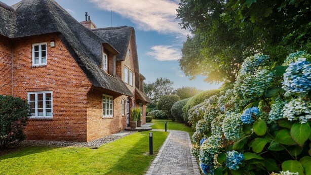 A brick house with a thatched roof, a paved pathway, and a well-maintained garden with hydrangeas.