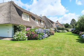 A row of thatched-roof cottages with a well-maintained garden and a clear sky.