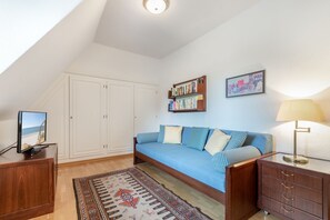 Une pièce chaleureuse avec un canapé bleu, un meuble en bois, une bibliothèque et un tapis à motifs.