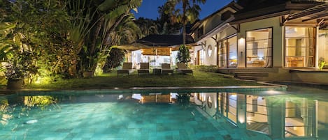 Outdoor pool, pool umbrellas, pool loungers
