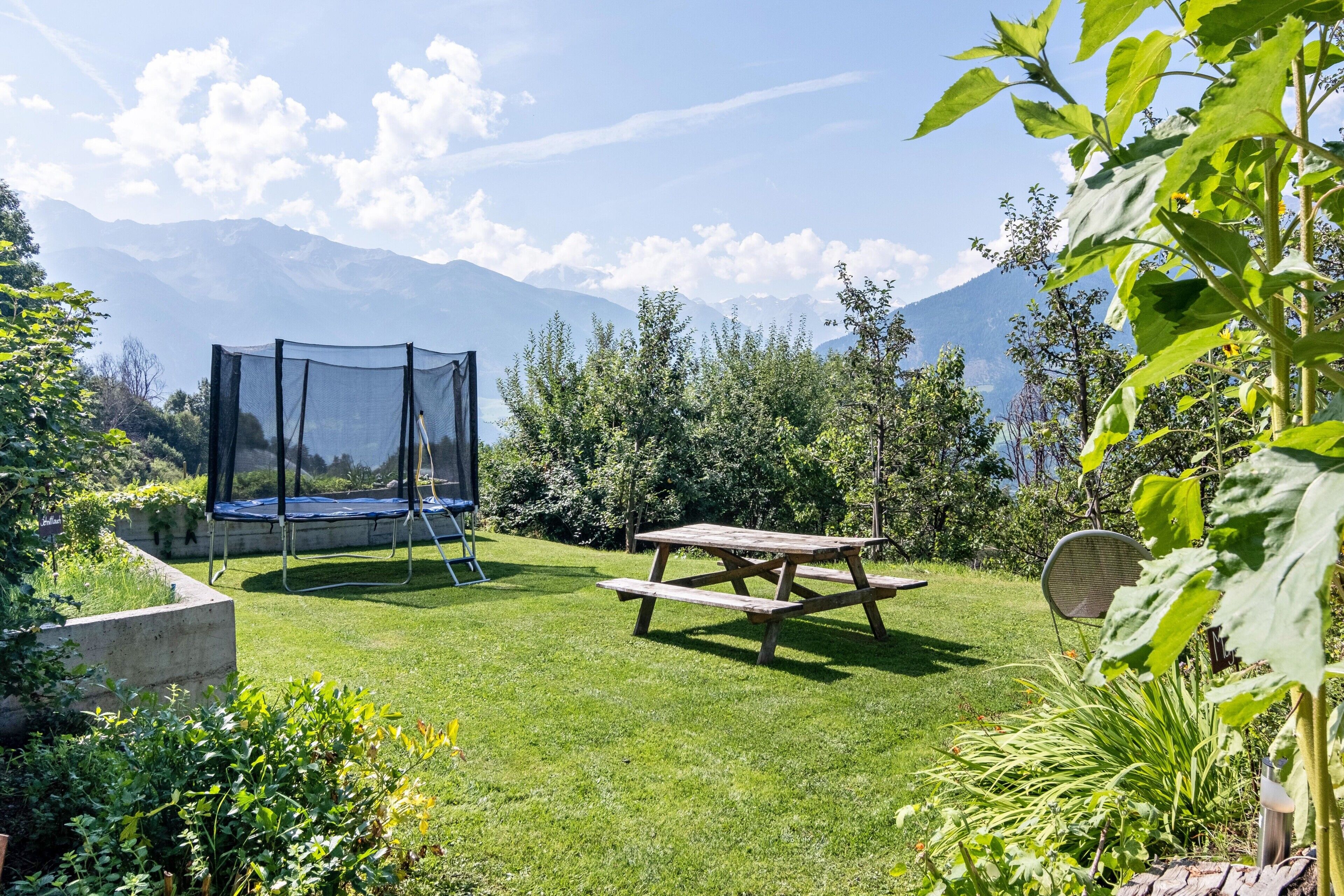 A backyard with a trampoline, picnic table, and garden.