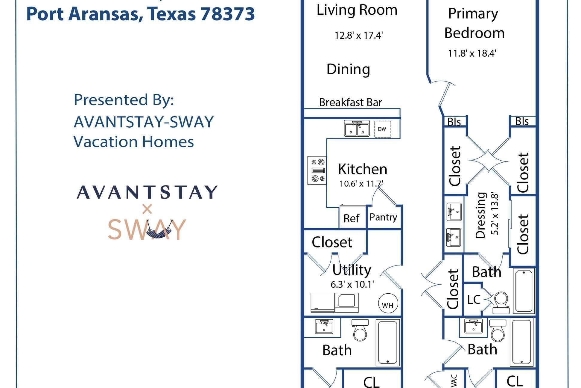 A floor plan of a vacation home in Port Aransas, Texas, with a living room, dining area, kitchen, two bedrooms, two bathrooms, and a utility room.