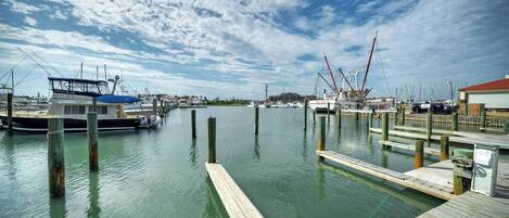 A marina with boats docked, wooden piers, and a clear sky.