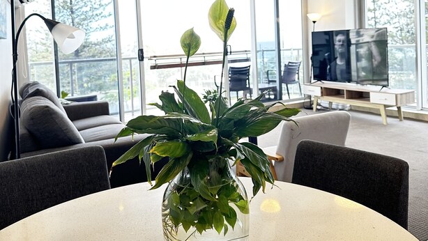 A modern living room with a round table, a glass vase with a plant, a sofa, and a television. - Beach View 2 Bedrooms Apartment  (Surfers Paradise)