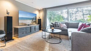 Un salon moderne avec une grande télévision, un canapé gris et une table basse.