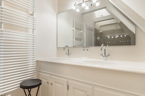 Hair dryer, towels, soap