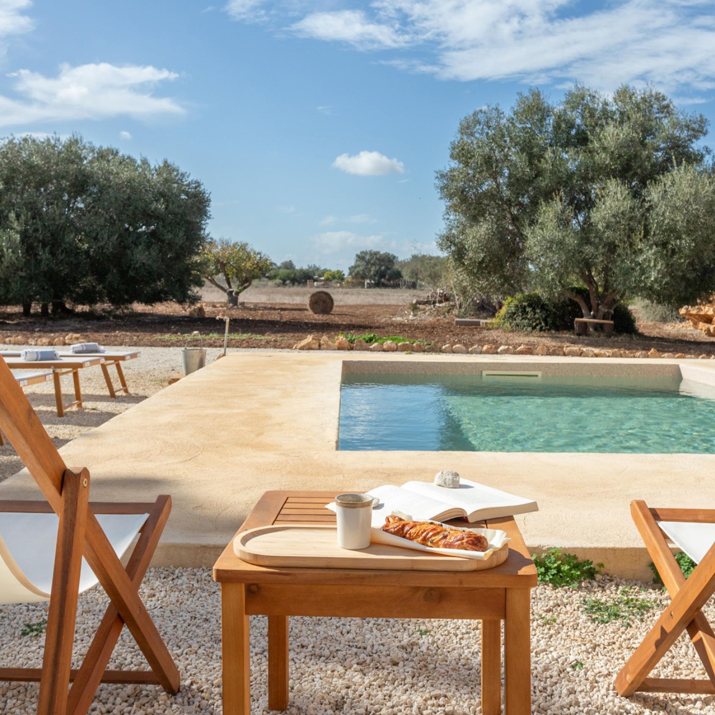 A poolside area with a table set for a meal, surrounded by olive trees and a clear sky.