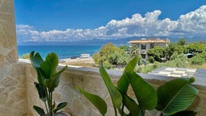 A balcony with potted plants overlooking a coastal view with a house and a beach.