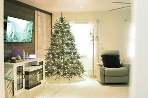 Smart TV, caminetto, tavolo da ping pong, libri