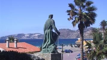 A statue overlooking a coastal area with a clear sky.