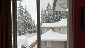 Uitzicht door een raam op een huis met een sneeuwbedekte dak en bomen.
