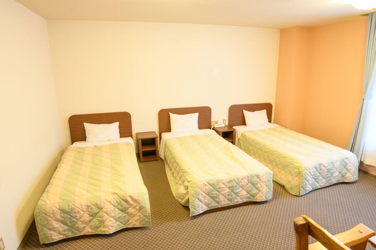 A hotel room with three single beds, each with a wooden headboard and a quilted bedspread. There are bedside tables with lamps, and the room has a carpeted floor.