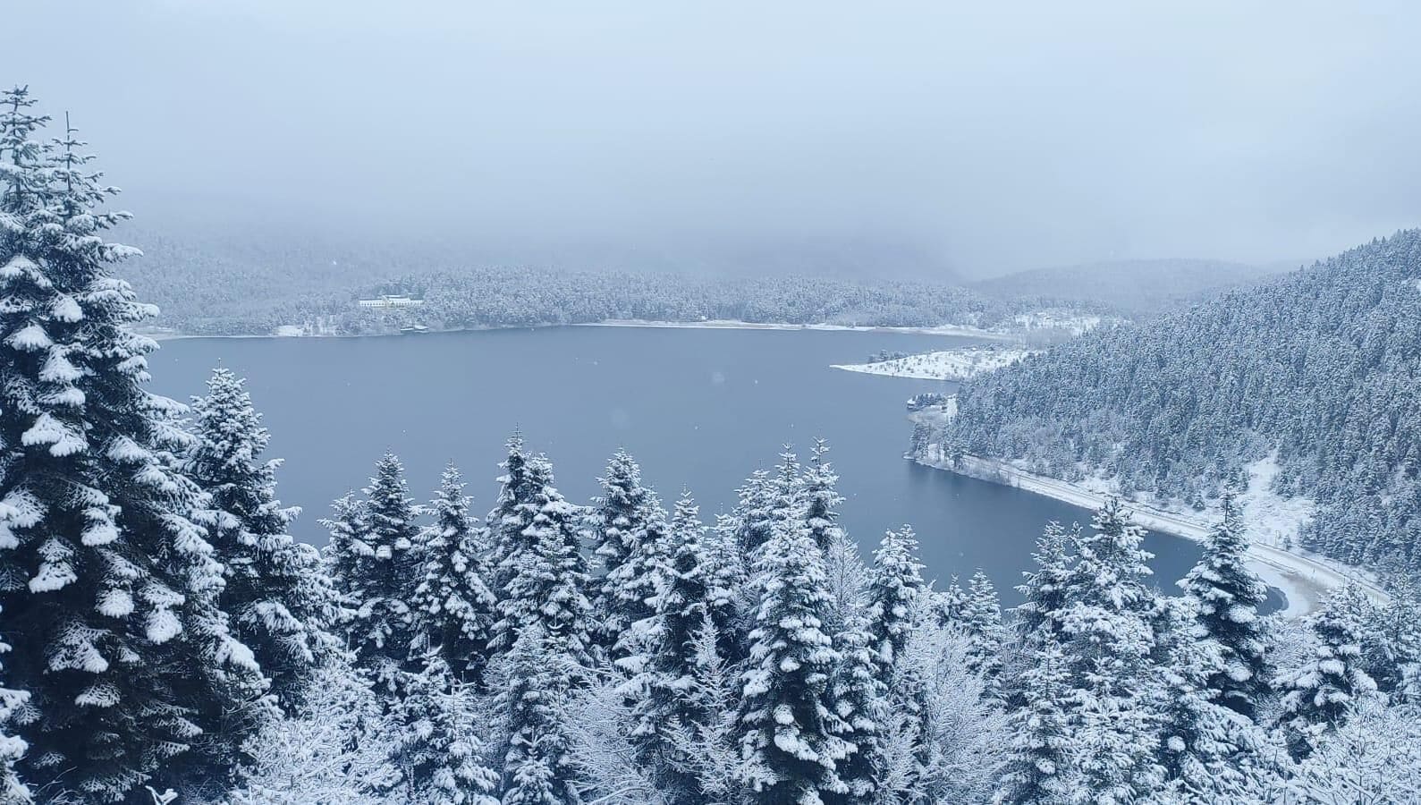 A panoramic view of a snow-covered landscape with a lake, dense forests, and a distant cityscape.