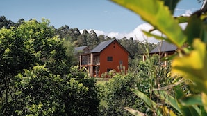A two-story house with a red exterior, surrounded by lush greenery and trees. - Eulophiella (Andasibe)