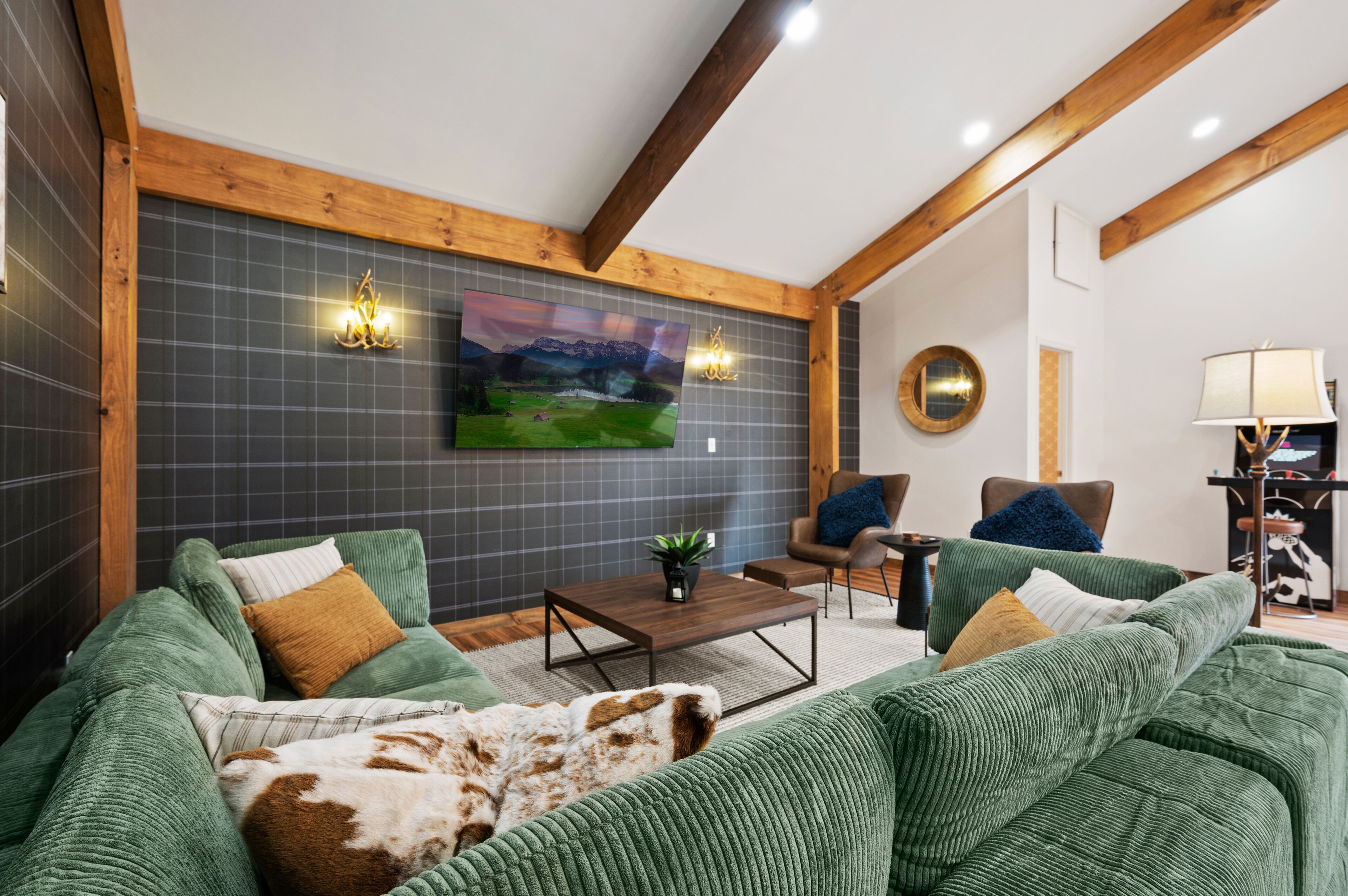 Smart TV, fireplace, foosball, books