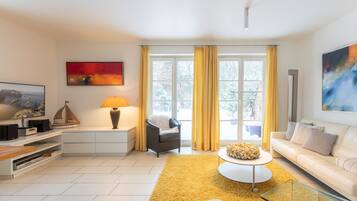 TV, fireplace, DVD player, books