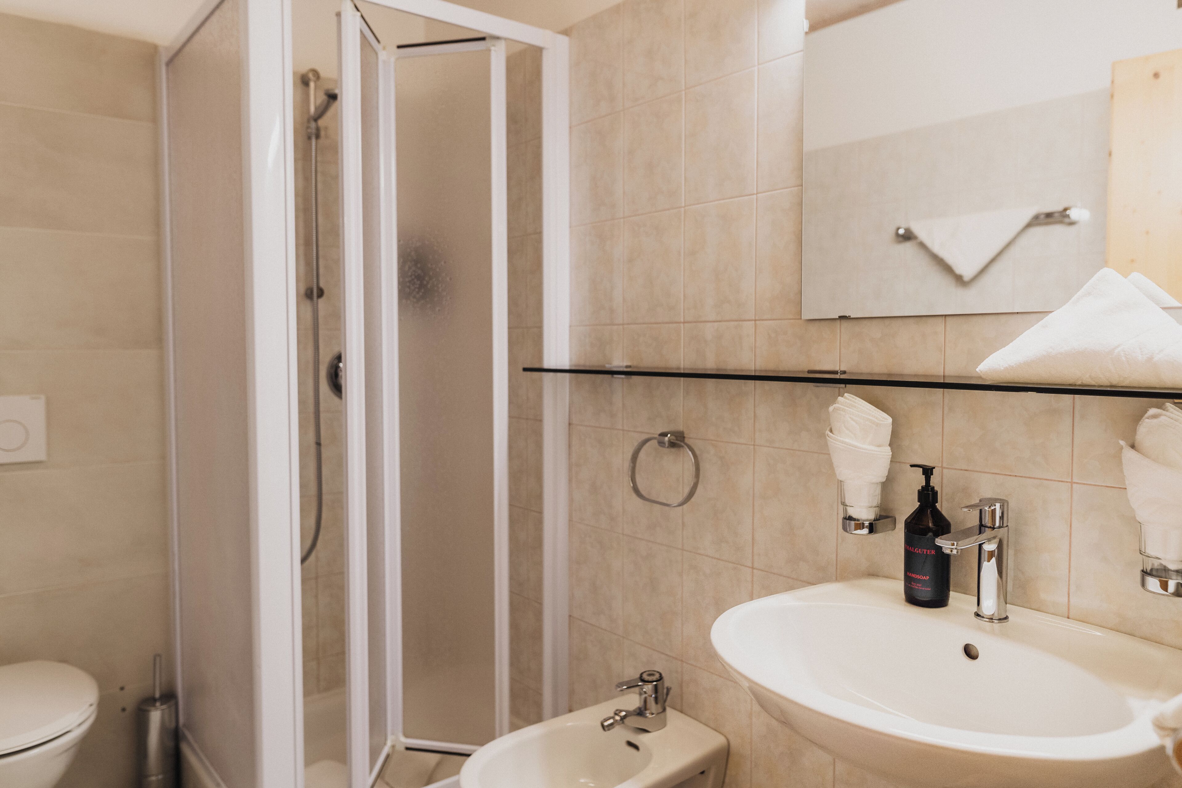 A modern bathroom with a glass shower enclosure, a bidet, a sink with a mirror, and a towel rack.