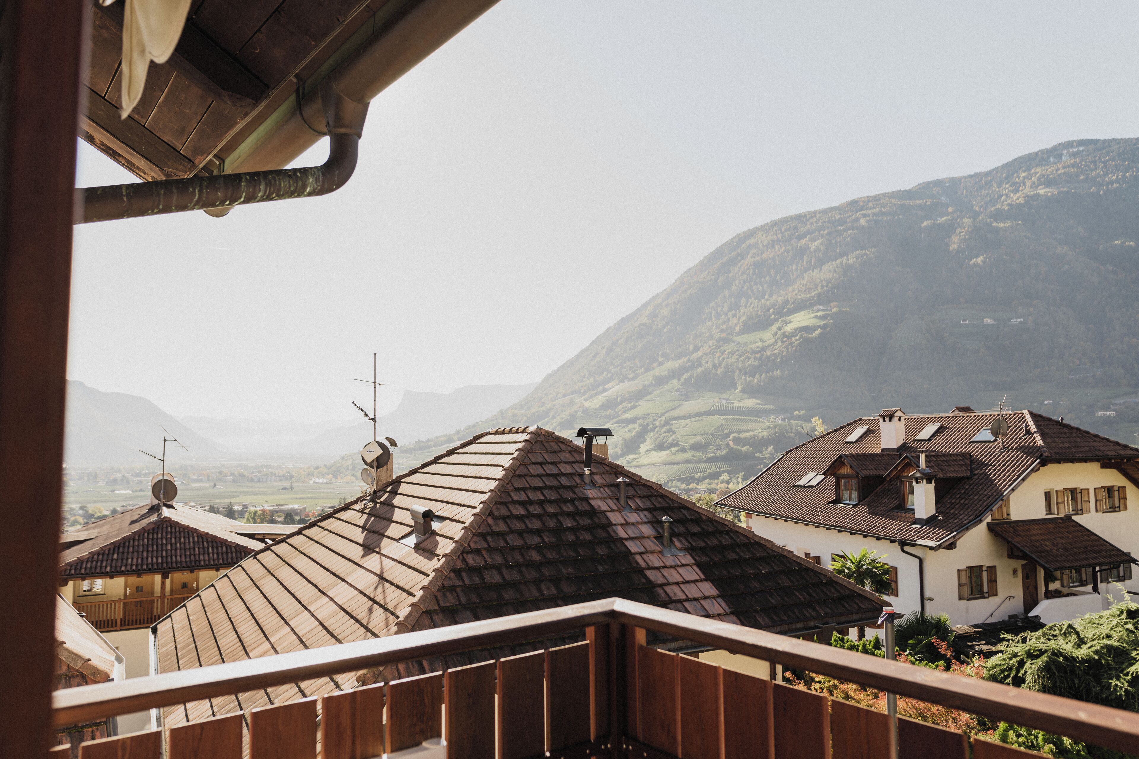 A view of a residential area with houses featuring sloped roofs and satellite dishes.