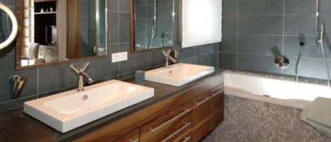 Hair dryer, towels, soap, shampoo