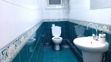 Secador de pelo, pantuflas, bidet, toallas