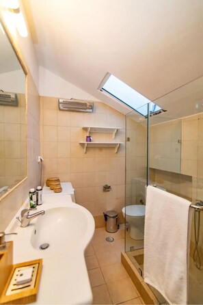 A modern bathroom with a skylight, a large sink, a toilet, and a glass-enclosed shower.