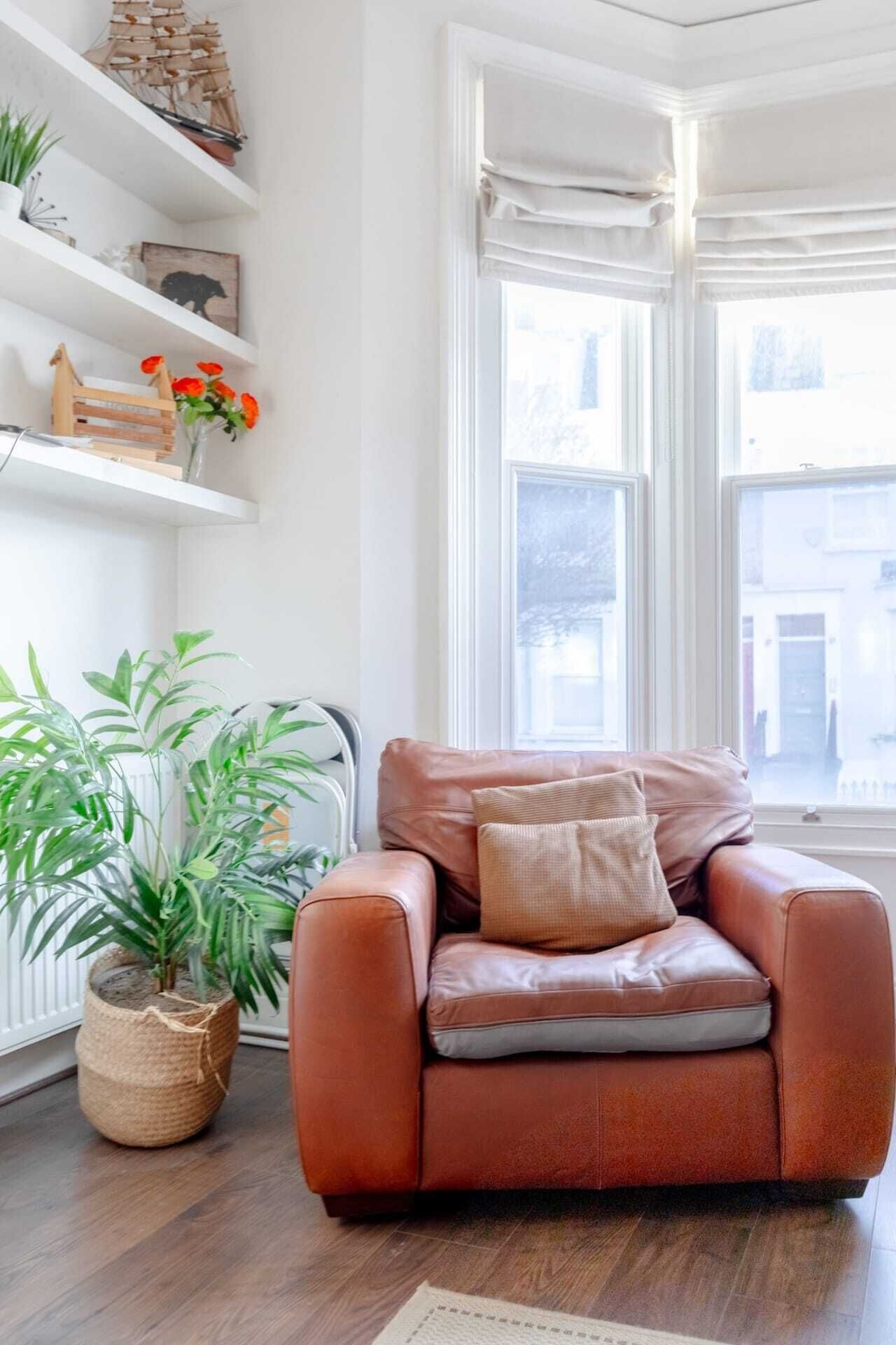 A corner room with a brown leather armchair, a potted plant, and a white shelf with decorative items.