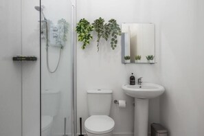 Ducha, secador de pelo, toallas, shampoo