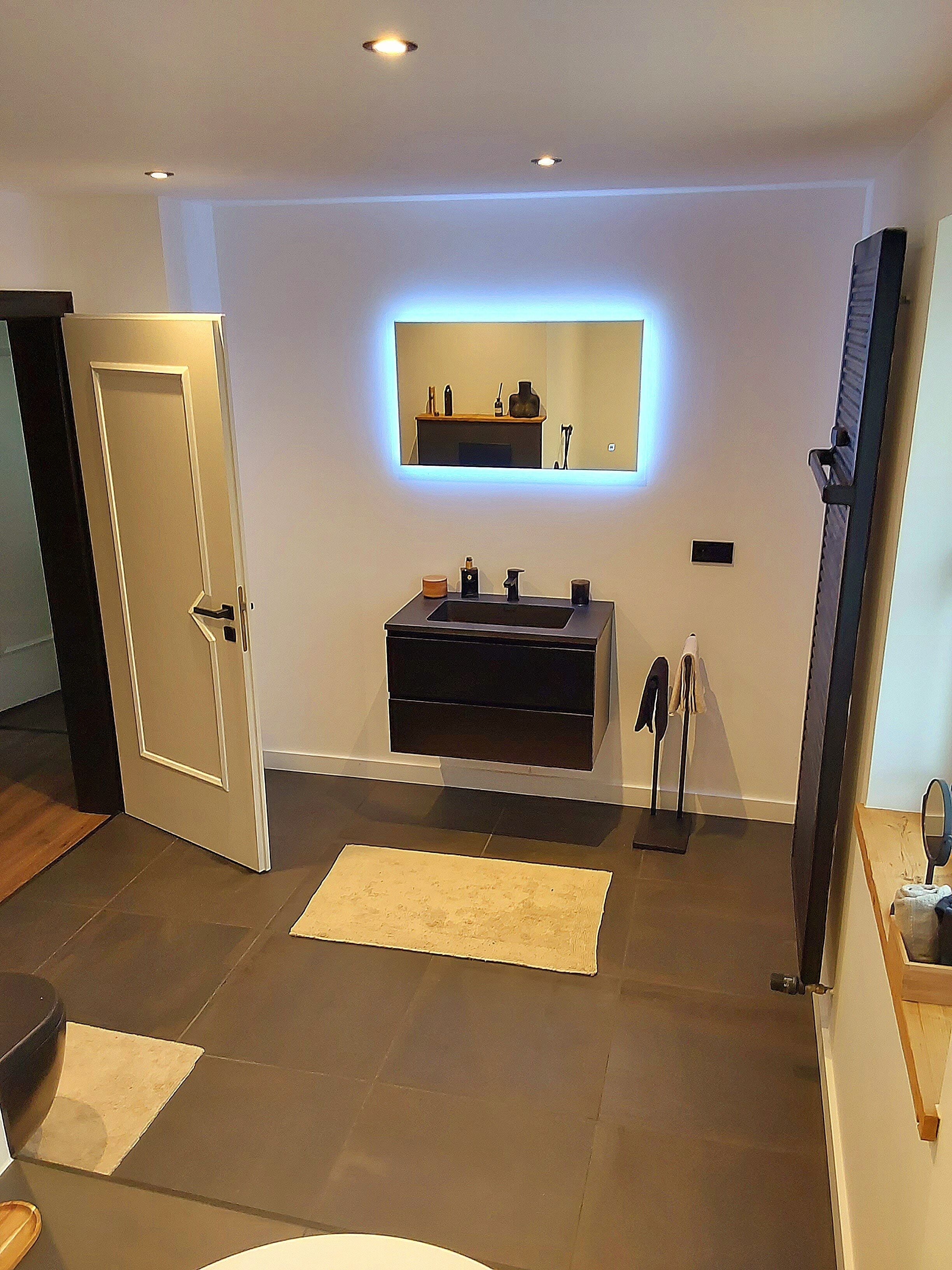 A modern bathroom with a dark sink, a mirror, and a recessed ceiling light.