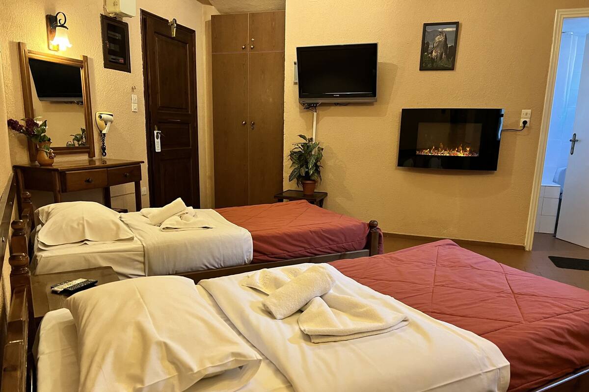 A hotel room with two beds, a TV, a fireplace, and a mirror.