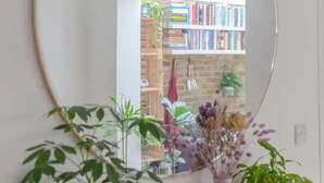 A room with a large round mirror, a wooden table with potted plants, and a bookshelf filled with books. - Beautifully Designed 2BD House - by Queen's Park! (London)
