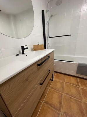 Hair dryer, bidet, towels, soap