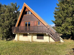 A triangular wooden house with a ramp leading to the entrance, surrounded by trees.