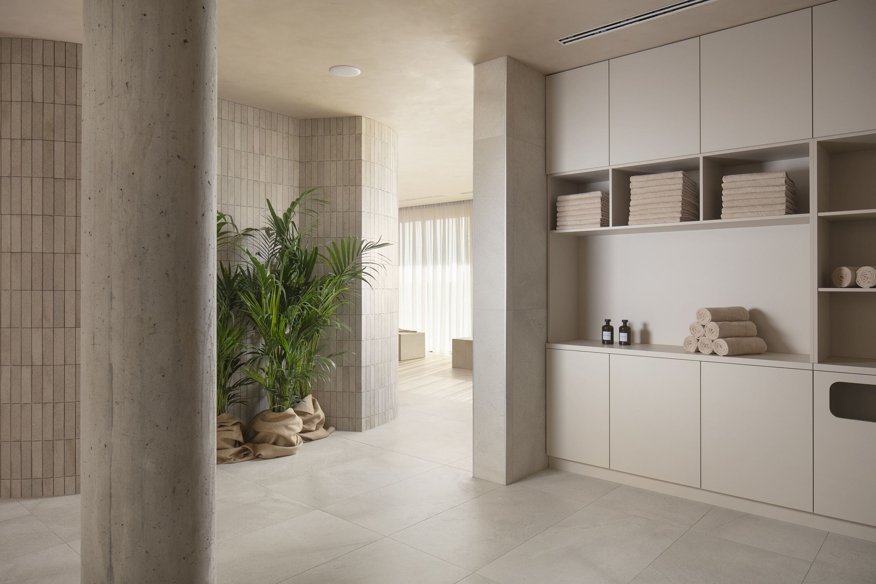 A modern bathroom with a tiled floor, a large potted plant, and neatly arranged towels and toiletries on shelves.