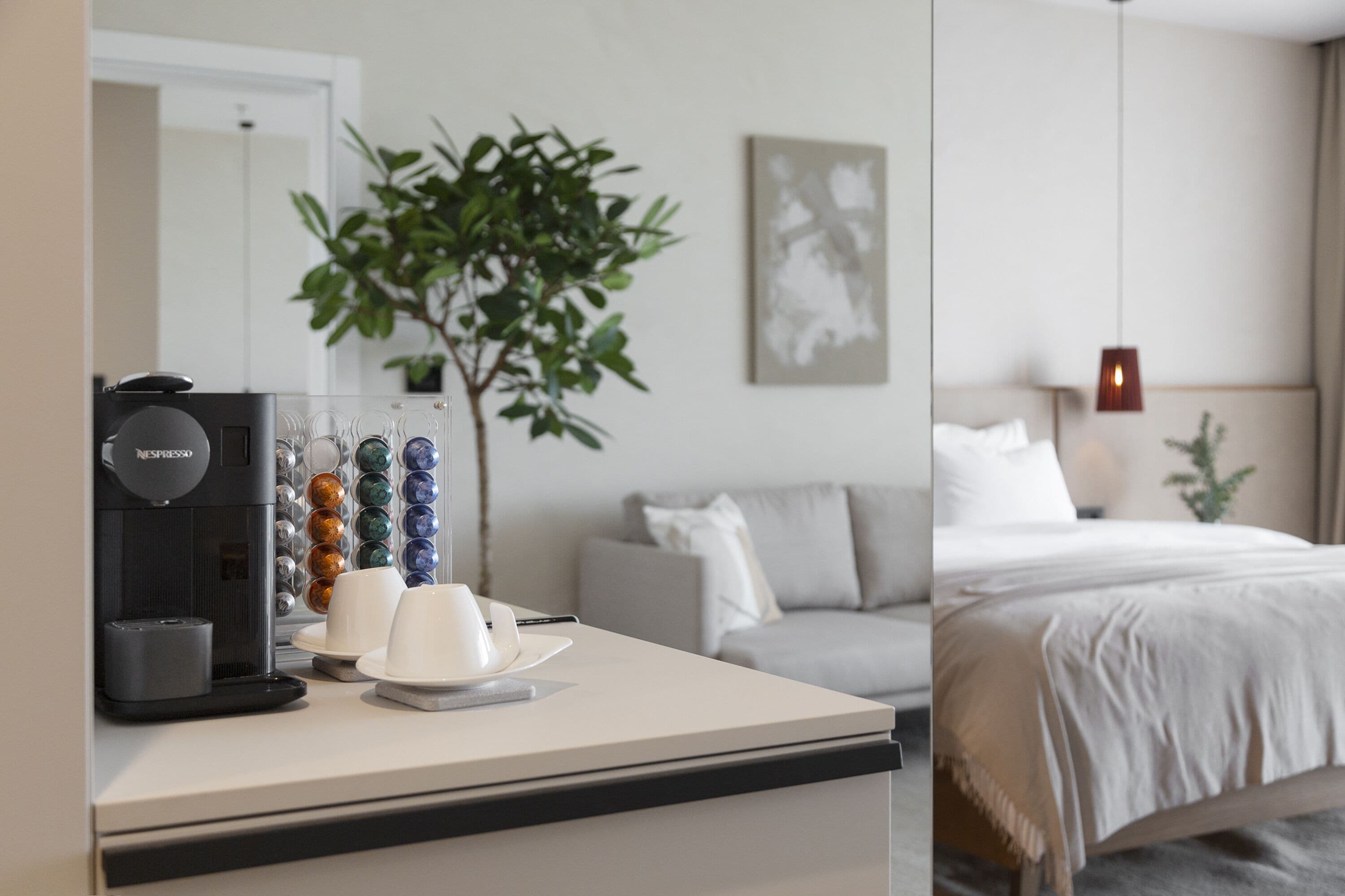 Habitación de hotel con cafetera, una planta, una cama y un cuadro en la pared.