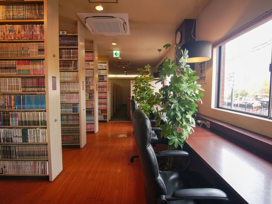 A library with bookshelves, a desk, and a large window.