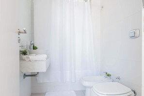 Chuveiro, secador de cabelo, toalhas de banho, shampoo