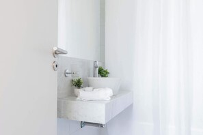 Chuveiro, secador de cabelo, toalhas de banho, shampoo