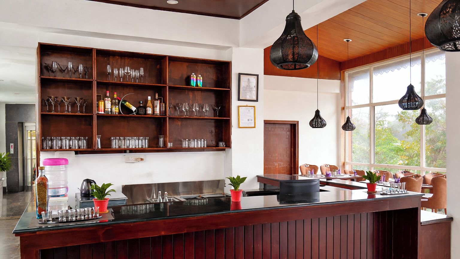 Een bar met glazen, flessen en een toonbank met een plant.