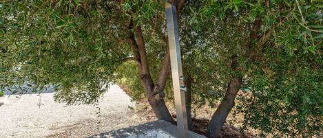 A stone bench under a tree with a metal post.