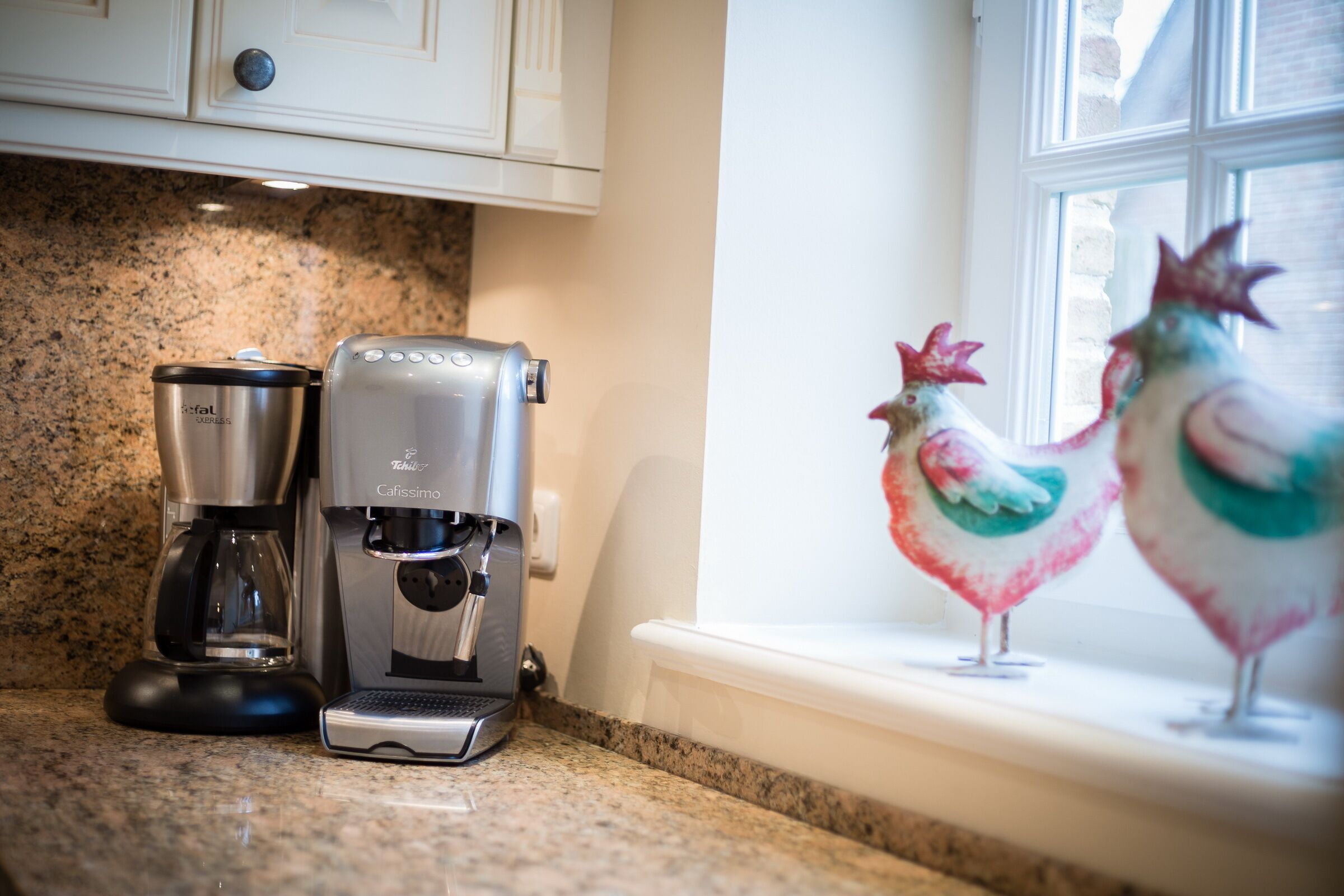 A kitchen with a coffee maker and a toaster on the counter, and a window with a view of chickens outside.