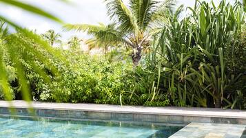 Una piscina al aire libre, sillones reclinables de piscina